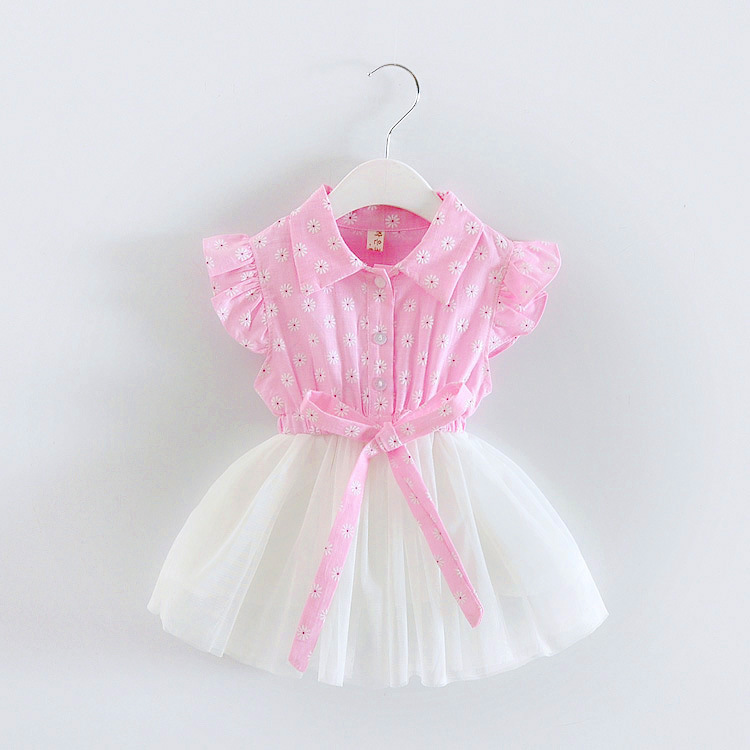 

wholesale childrens dress chiffon splicing childrens clothing summer new childrens skirt lapel sleeveless female baby child dress 201251, Pink
