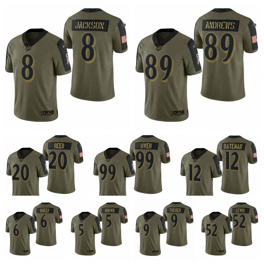 

Baltimores Men Women Youth Raven 8 Lamar Jackson Ed Reed Mark Andrews Marlon Humphrey 99 Odafe Oweh Rashod Bateman Olive 2021 Salute To Service Football Jersey, 13