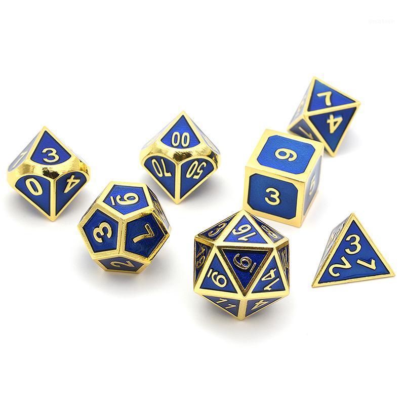 

A Set Of 7 Dice Shiny Gold Finishes with Royal Blue Enamel Paint Tabletop Game1