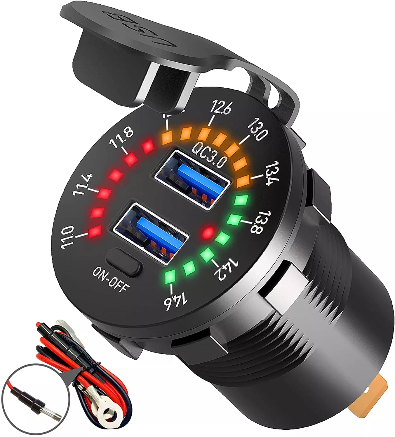 

Quick Charge 3.0 Dual USB Charger Socket with Voltmeter and Switch, Waterproof 36W 6A 12V USB Outlet Fast Charger Fast Charging For Marine Car Boat