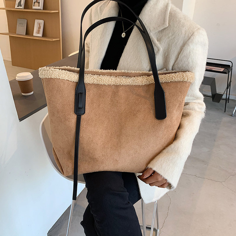 

Shoulder pocket the women of vintage leather matte great capacity tote bags lambswool lady hot hand ladies purse 2020 winter, Black