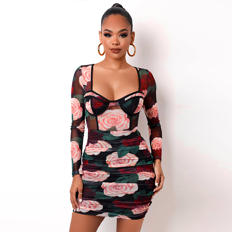 

Women Casual Dresses Floral Print Patchwork Lady Long Sleeve Mini Dress Ruched Bodycon Sexy Streetwear Club Elegant Slim Dress, Suspenders jumpsuits