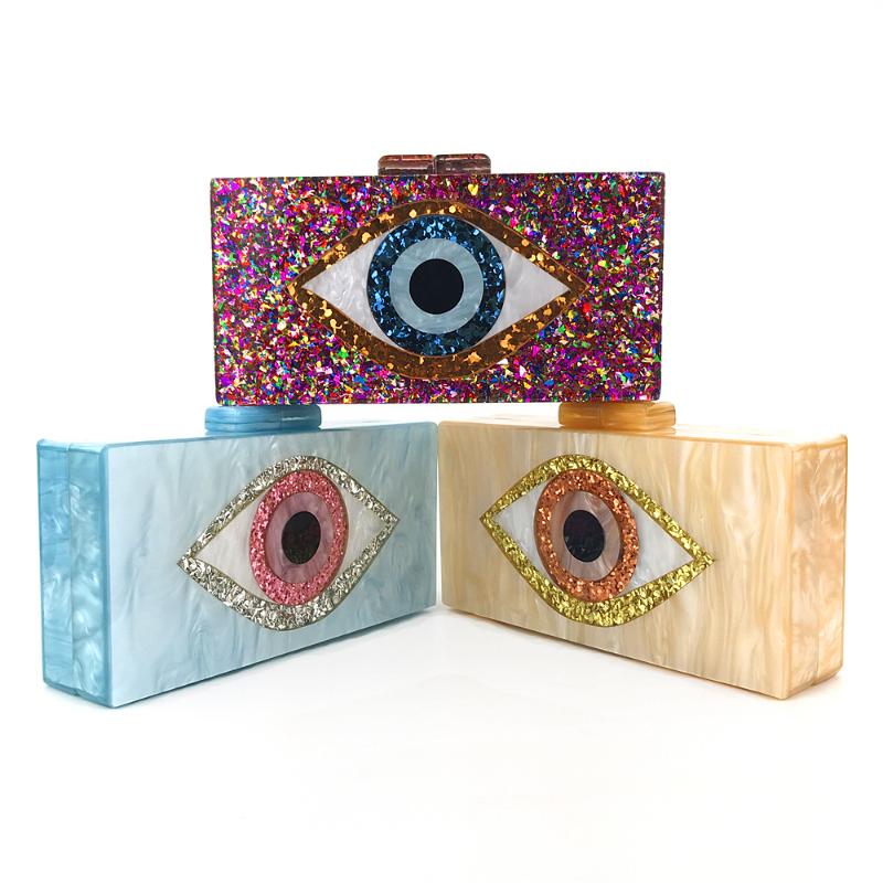 

Women Evening Small Mini Flap Shell PVC Box Clutches Purse Bags Pearl Champagne Color Acrylic Evil Eye Patchwork Handle Bags, Blue