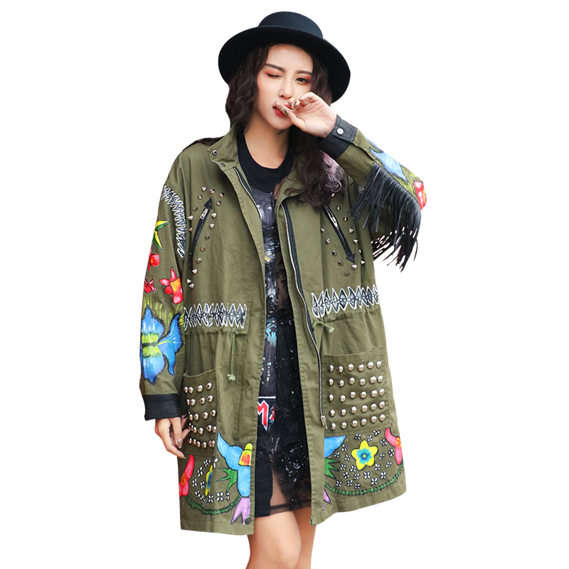 

hip hop Primavera marca exrcito rebites verdes graffiti retalhos borla solto bluso jaqueta casaco feminino outerwear HKF9, Army green