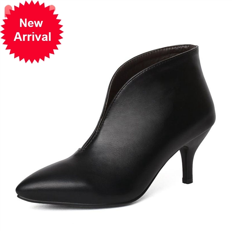 

Top quality women high-heeled pointed toe to winter shoes hot skin sexy ankle boots with thin heels 32-43, Black