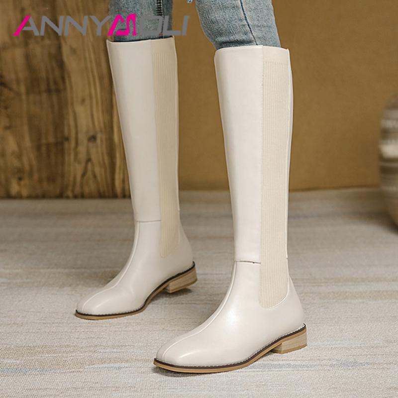 

Boots ANNYMOLI Med Heel Woman Square Toe Knee High Thick Shoes Zip Female Long Autumn Winter Black Big Size 40, Beige velvet lining