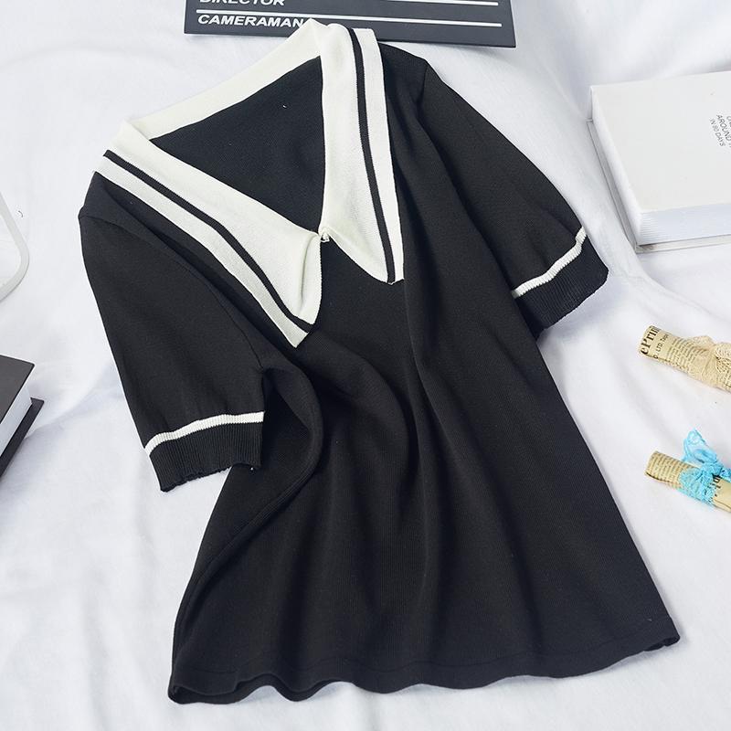 

Autumn New Turn-Down Collar Women Knitted Pullovers Korean Sweet Hit Color Preppy Style Jumper Vintage Short Sleeve Sweater1, Black