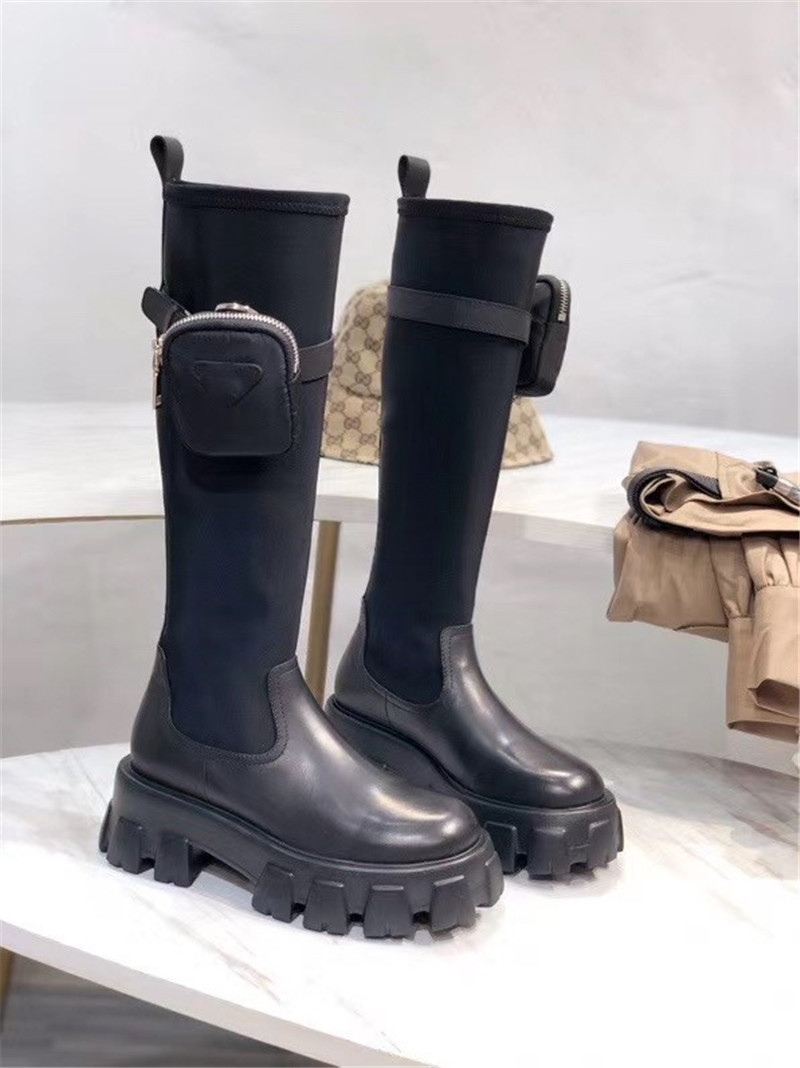 

Women's stretch boots new autumn winter European American round toe platform thick bottom poctet knee high boots chunky heel boots, Black