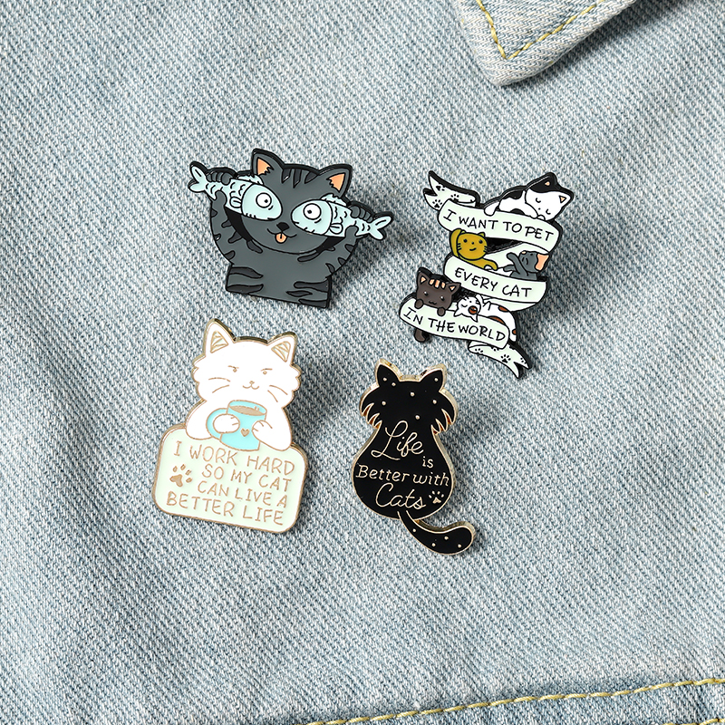 

Cute Cartoon Cats Enamel Pins Colors High Quailty Fish Cat Brooches For Kids Gift Lapel Pin Clothes Bags