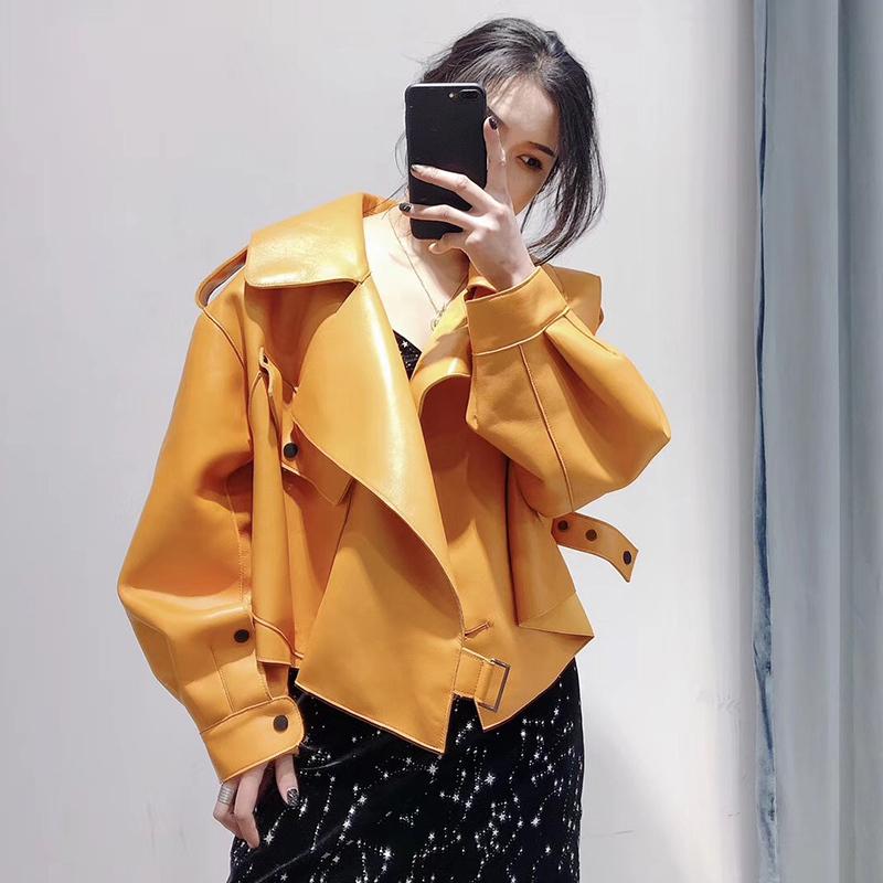 

Women Spring Autumn Short Oversize Motrocycle Sheepskin Genuine Leather Jacket Veste Femme 12000 YY1042, Black