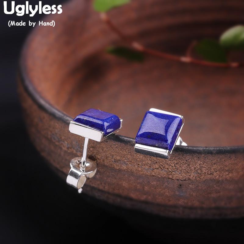 

Uglyless Rare Lapis Agate Square Stud Earrings for Men Women Unisex MINI Gemstones Studs Real 925 Silver Brincos Jewelry E1534