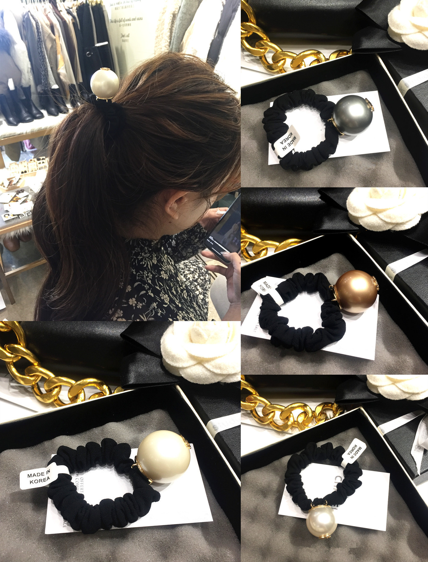 

3CM Luxury Hair Accessories big pearl hair rope back with stamps, for ladies Balls tire Fashion hair tie with net bag and paper cards