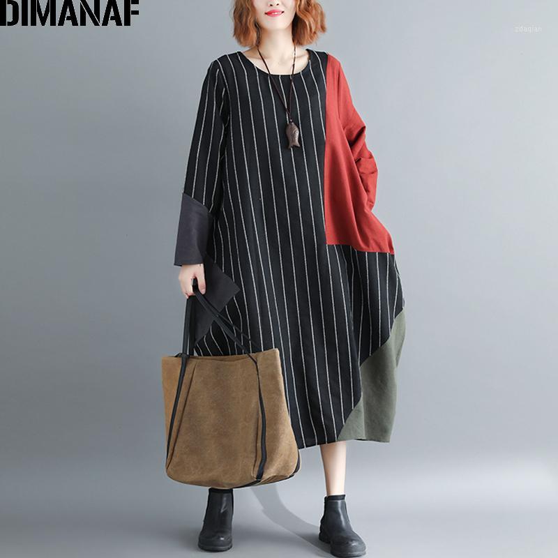 

DIMANAF Women Dress Plus Size Large Clothing Autumn Female Lady Vintage Vestidos Striped Patchwork Casual Oversized Loose Black1, Yu99097cn