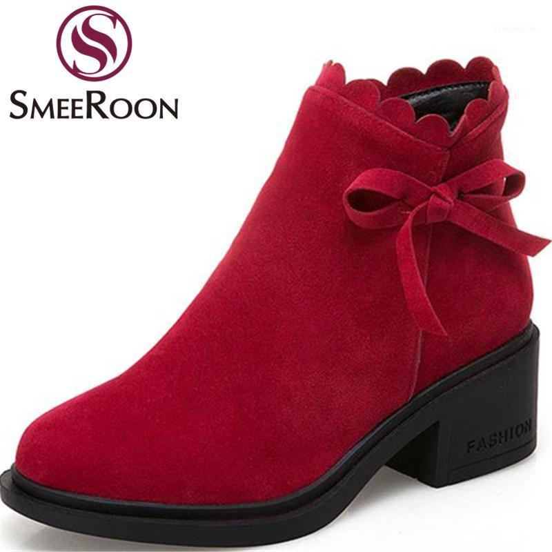 

Smeeroon platform flock ankle boots keep warm winter boots round toe med heels for women campus shoes with butterfly-knot1, Black