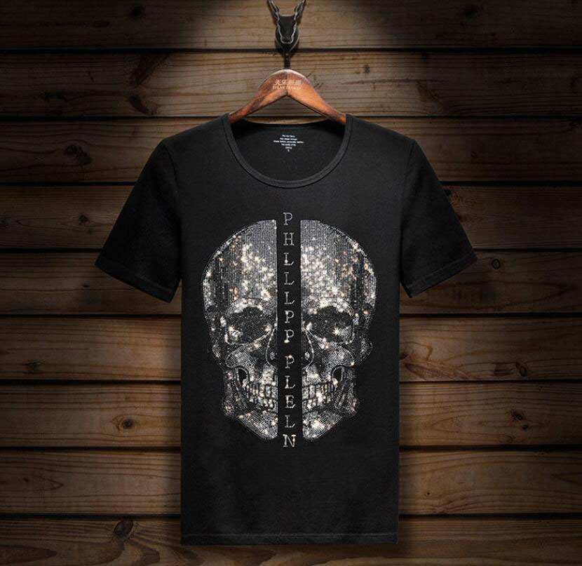 

2021 New Plus Size M- Skull Rhinestones t Shirts Men Summer Top Tees o Neck Slim Fit Tshirts High Quality X0pu, As picture shown