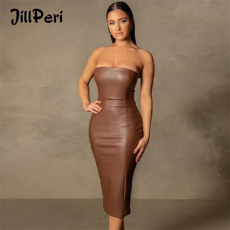 

JillPeri Strapless Stretch PU Bodycon Midi Dress Sexy Back Slit Black Chocolate Solid Elegant Outfit Party Leather Dress 220118