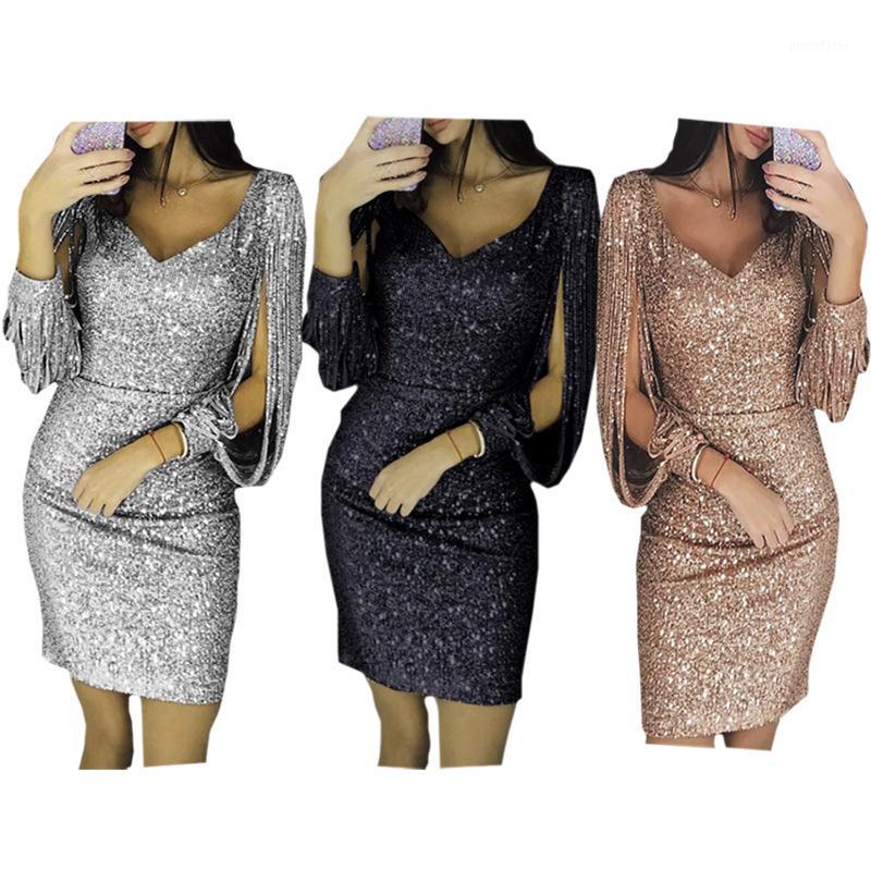 

Casual Dresses Women Knee Length Party Dress Gold Tassel Female Bodycon Long Sleeve Bright Silk Shiny Vestidos1, Black