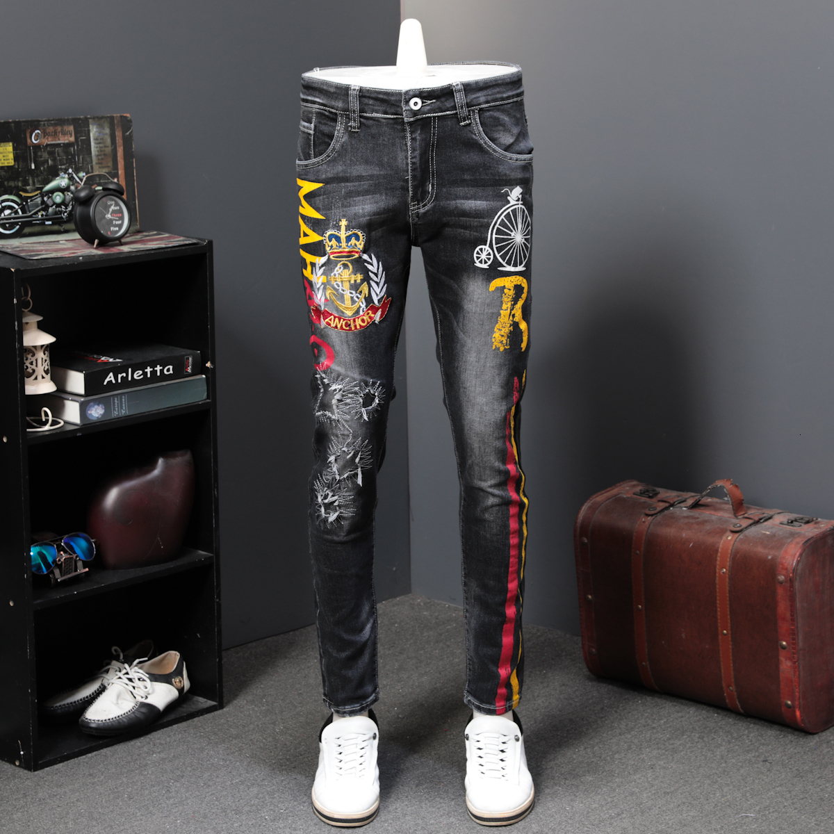 

2020 Hole Patched Elastic Male Leisure Denim Pants From Men's Thin Jeans Straight Vintage Jean Sexy for Men Mpwb, Black ash
