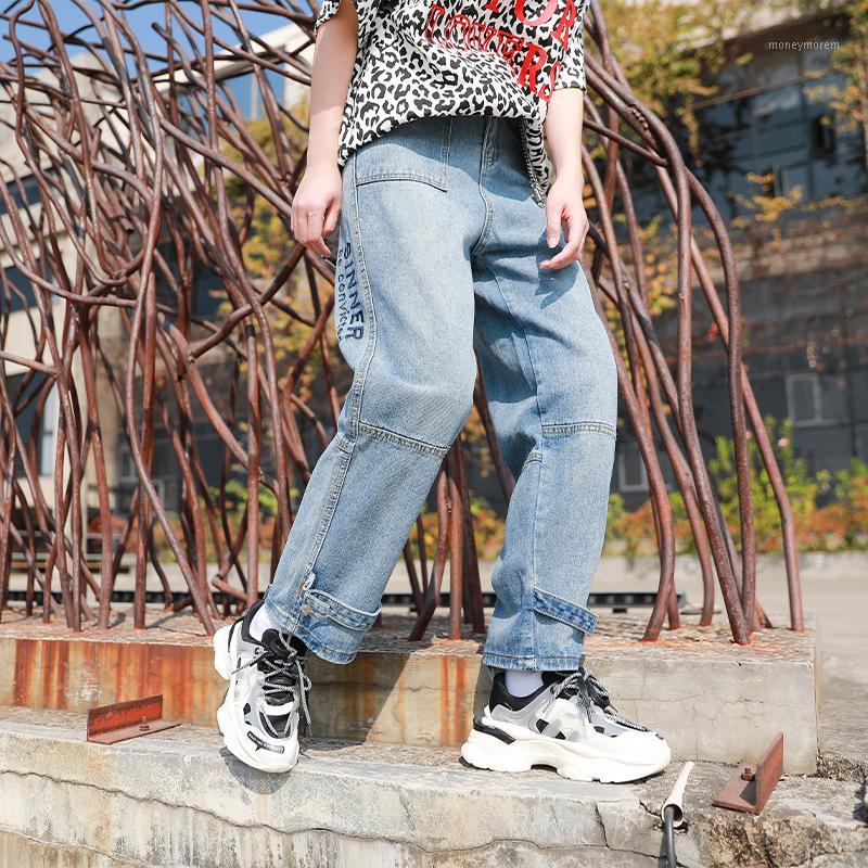 

Women High Waist Embroidery Metal Chain Loose Casual Straight Harem Jeans Female Men Streetwear Hip Hop Punk Denim Pants Trouser1, Sky blue