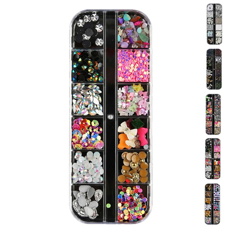 

12 Grids Nail Art Rhinestones 3D Beads Crystal Flat Bottom Sequin Glitters Set Manicure Supplies