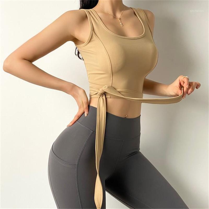 

Women Autumn Sportswear Sexy Ribbon Sport Vest Gym Underwear Workout Yoga Crop Top Running Fitness Tank Top without pad1, Champagne