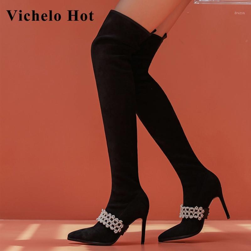 

Vichelo Hot new large size flock pointed toe super high heel online star recommend pearl rhinestone gorgeous knee-high boots L621, Black short