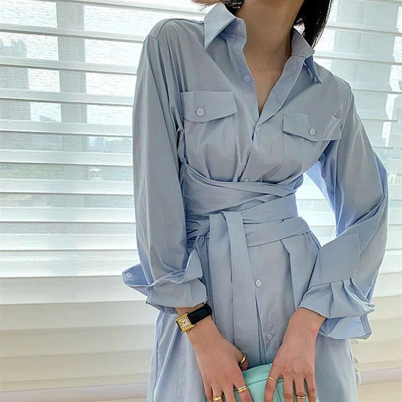 

High Quality Unique Design Temperament Solid Dresses Women Spring Autumn Turn-Down Collar Long Sleeve Bandge Elegant Long Dress, Blue