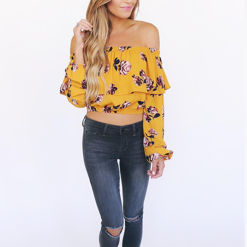

Summer Women Floral Print Blouses Short Tank Tops Casual Sexy Slash Neck Off Shoulder Long Sleeve Yellow Flouncing Shirts, As pic