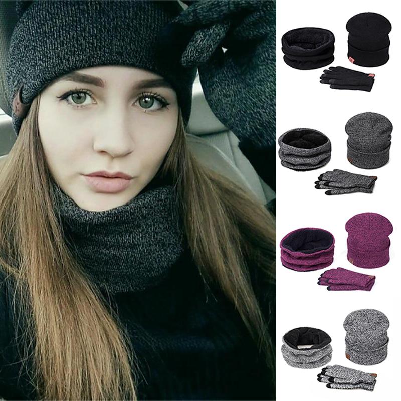 

Cotton Knitted Hat Set 3PCS Suit Warm Scarf Cycling Winter Accessories Sets Comfortable Gloves Fashion Winter Hat Scarf Suit, Wine red gloves