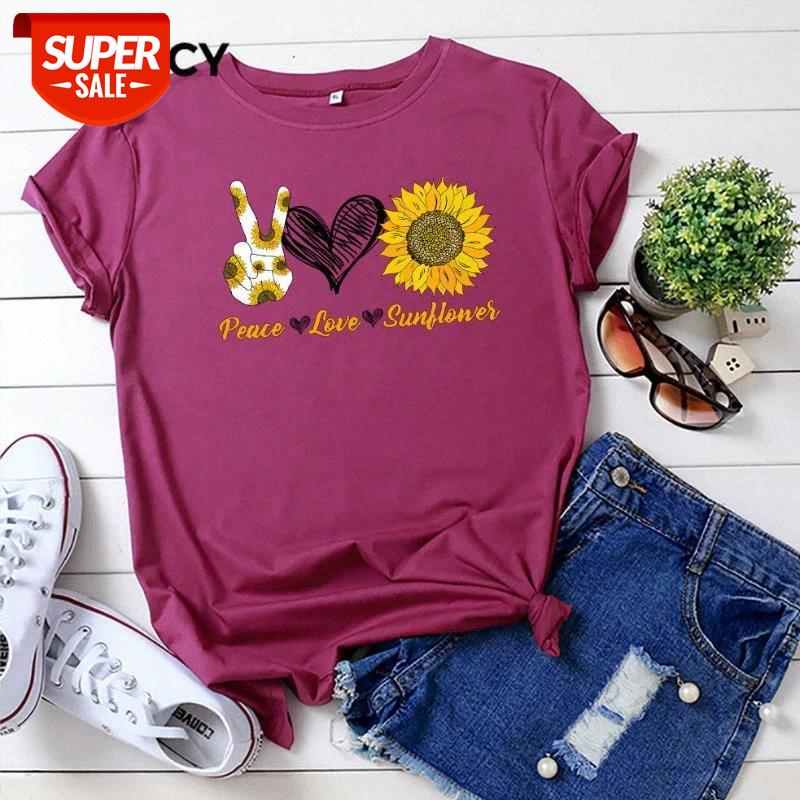 

JFUNCY Women Summer T Shirt Plus Size Female T-shirts Short Sleeve Cotton Tshirt Peace Love Sunflower Print Lady Casual Tee Tops #QE2s, White