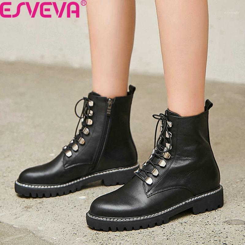 

ESVEVA 2020 Lace Up Zipper Square Heel Women Shoes Quality Cow Leather Patent Leather Round Toe Casual Ankle Boots Size 34-391, Black-cow leather