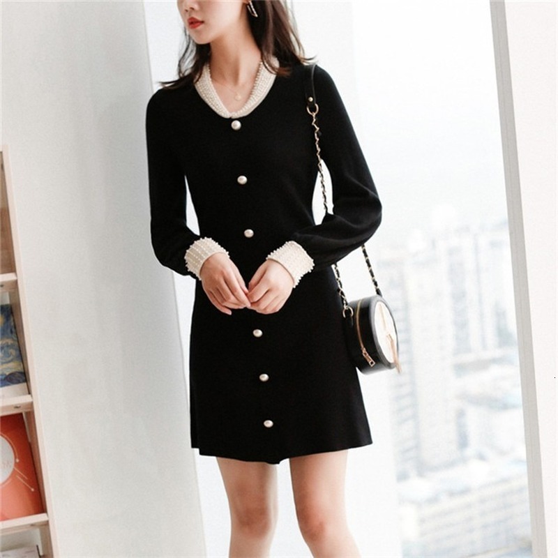 

Elegant Black Dress of High Quality Women Retro Luxury Beaded Beads on v Buttons Flashlight Sleeves Dressed As Lady's Mesh Party 6um0