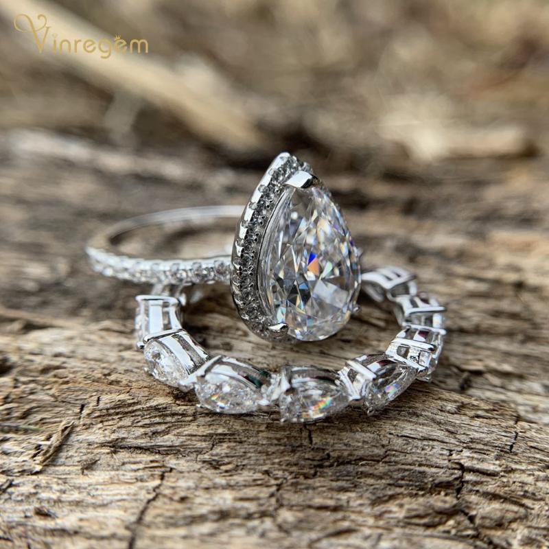 

Cluster Rings Vinregem 100% 925 Sterling Silver Pear Cut Created Moissanite Diamonds Gemstone Wedding Engagement Women Ring Set Fine Jewelry, Golden;silver