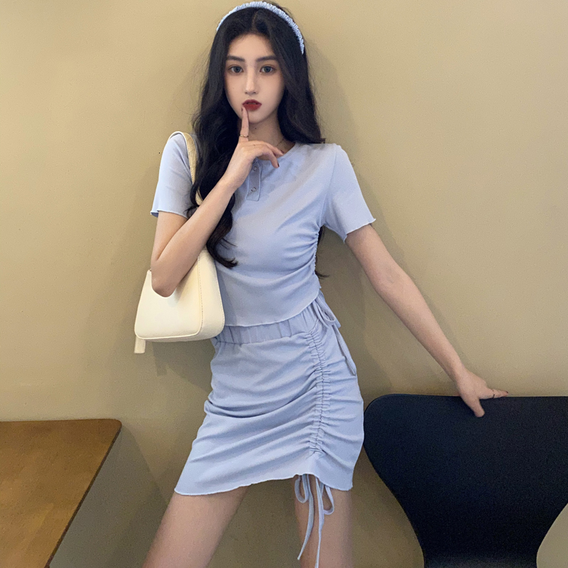 

2021 New Two whole summer bun Korean style short skirt + rents up to thin t shirt 2 pieces assembly women's clothes (c2501 W6MQ, Sky blue