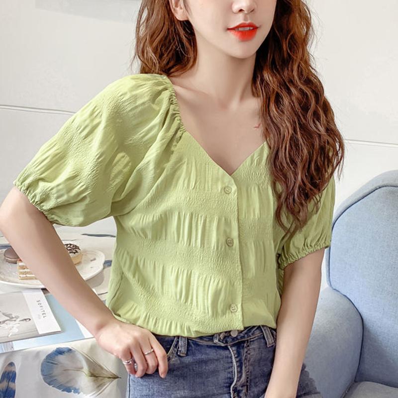 

Women Spring Summer Style Chiffon Blouses Shirts Lady Casual Short Lantern Sleeve V-Neck Chiffon Blusas Tops ZZ0198, Green