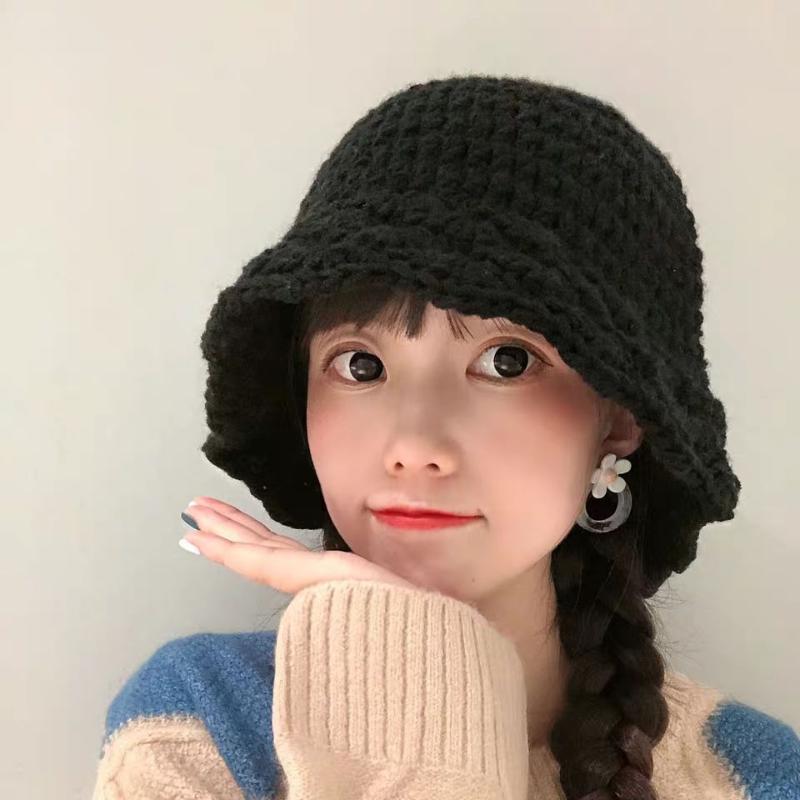 

2020 Spring Autumn Winter Sweet Cute Lace Woolen Bucket Hat Woman Solid Warm Knitted Basin Bonnet Simple Casual Joker Woman Hat, Black