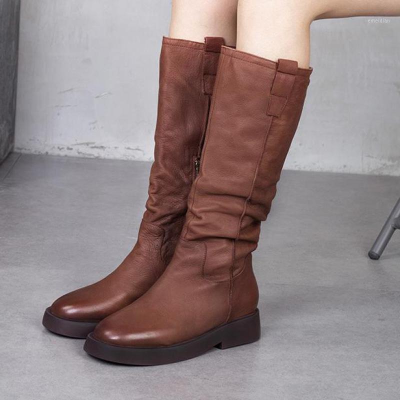 

Johnature Long Women Boots Winter 2020 New Genuine Leather Women Shoes Zip Round Toe Flat With Sewing Handmade Platform Boots1, Black