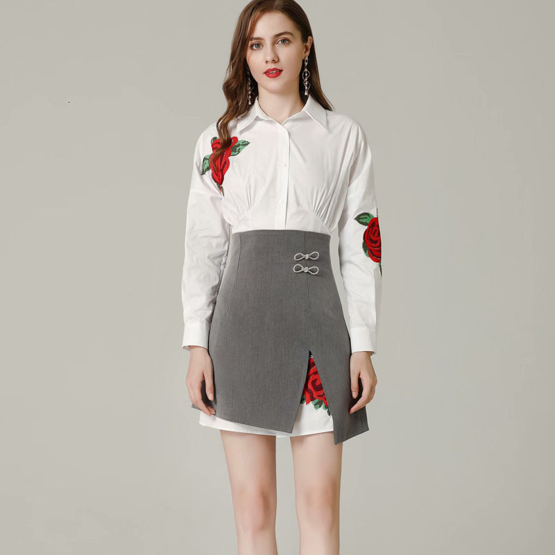 

2021 Autumn New Embroidery Shirt Temperature White Elegant Friezy Mini Skirt Two-piece Clothes for Women F2ev, Multiple
