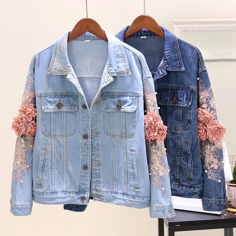 

2020 New Autumn Women Denim Jacket Beading Overcoat Embroidery Flower Design Jeans Jacket Causal Denim Coat Outwear Tops P642, Light blue