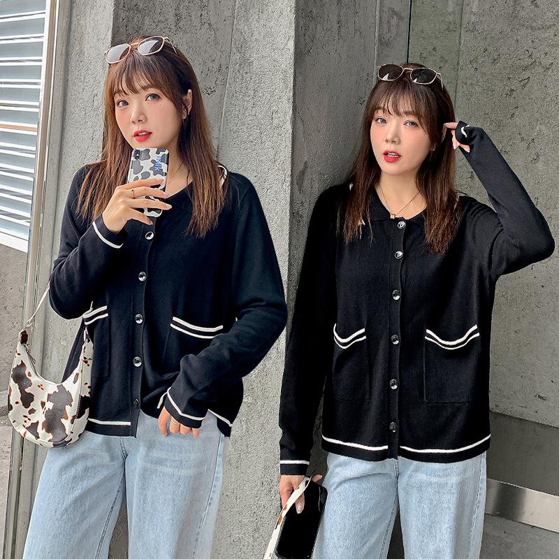

2020 autumn new women's long-sleeved blouse knitted cardigan women jacket thin, Black