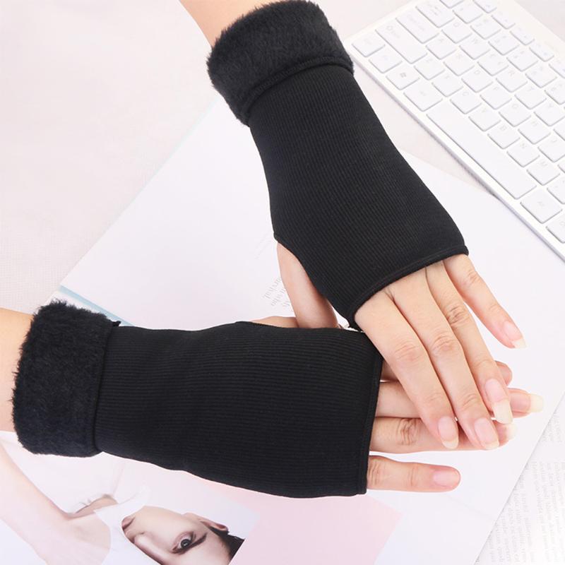 

Winter Female Knitted Typing Mitten Autumn Women Plus Velvet Glove Double Warmer Fingerless Writing Half Finger Glove