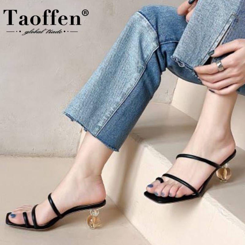 

Taoffen Natural Leather Shoes Women High Heels Sandals Strange Style Heels Ladies Shoes Slip On Female Footwear Size 34-40, Black
