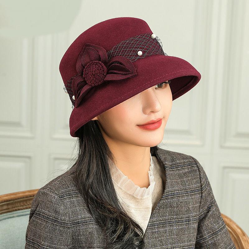 

Vintage Wool Felt Women Fedora Black Camel Red Floral Wide Brim Fedoras Elegant Winter Cloche Ladies Hats