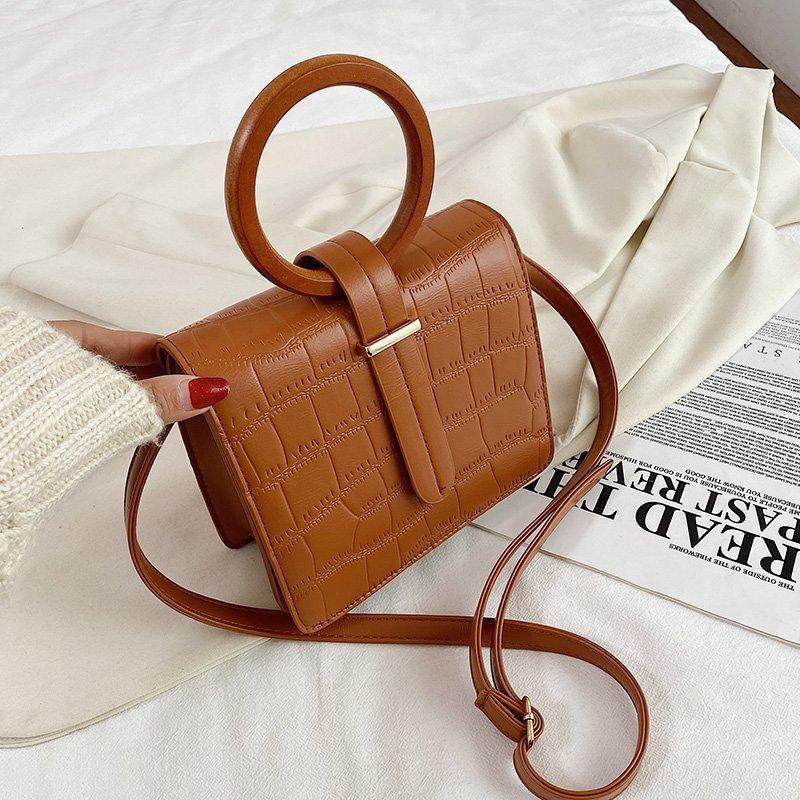 

Wooden Handle Ring Handbag for Women Fashion Square Bag High Quality Leather Shoulder Bag Designer Brand Crossbody and Purse, Black shoulder bag