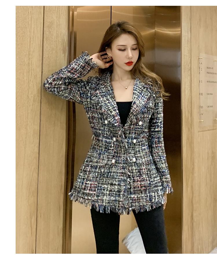

2020 Autumn New women' turn down collar slim waist lurex shinny bling tweed woolen mix color medium long coat casacos plus size, As pic