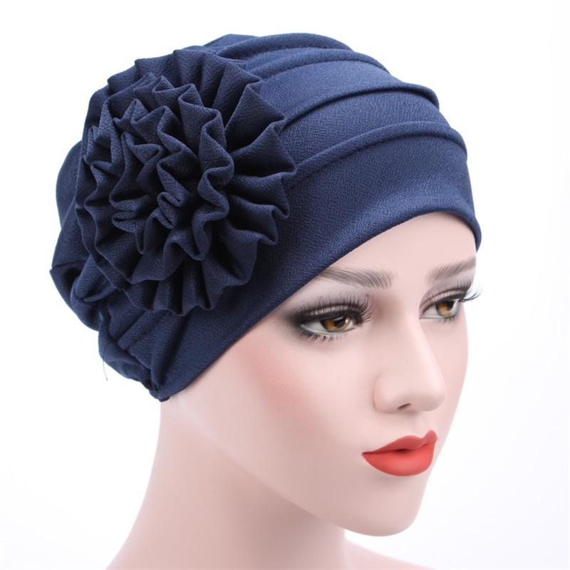 

Fashion all-match new side applique solid color big flower turban hat confinement hat Muslim Baotou