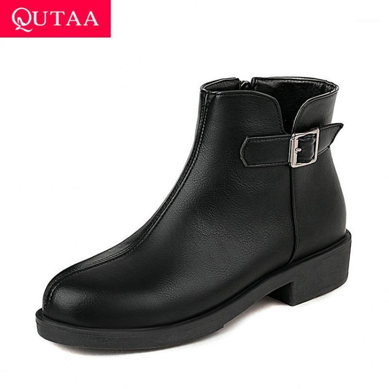 

QUTAA 2021 Buckle Zipper Square Heel Ankle Boots Round Toe Keep Warm Short Boots PU Leather Casual Women Shoes Big Size 34-431, Black