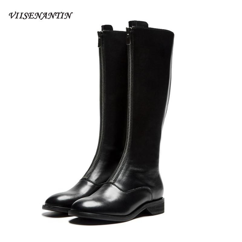 

Autumn Winter New Knee-length Boots Women's Front Zipper Retro Flat-heeled High-heeled Boots British Thick-heeled Knight, Black