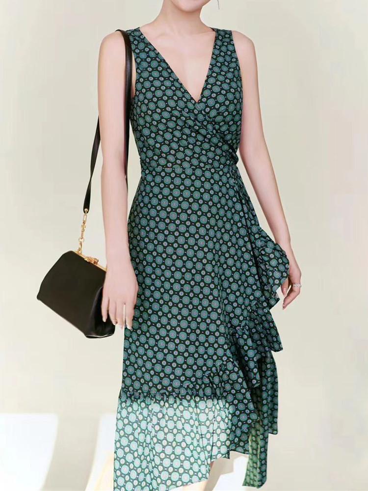 

Women Wrap Long Dress Vintage Print V Neck 2020 Sleeveless Ruffled Irregular Lace Up Slim Long Dresses, As pic
