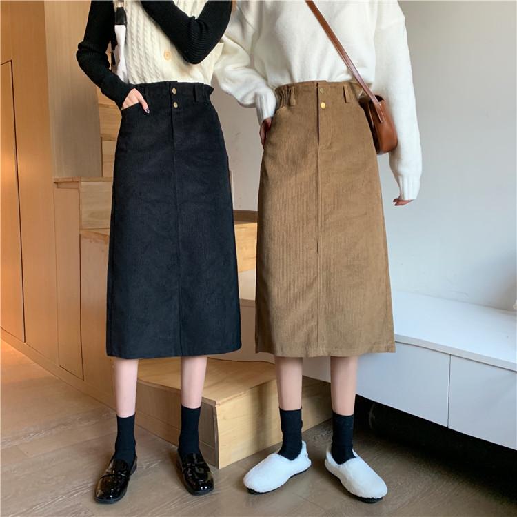 

Make little leisure show thin bud qiu dong tall waist corduroy split in long skirts, Brown
